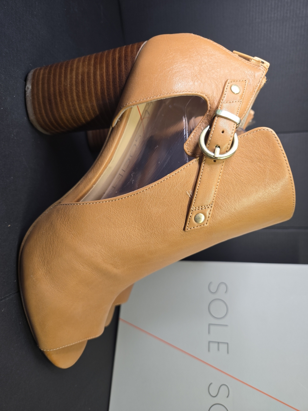 Sole Society "Sally" Column Heel Sandal Peep-Toe Bootie Camel Color Size 11M